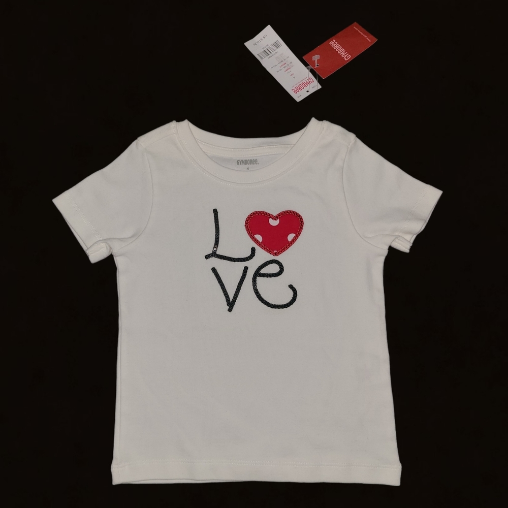 ❤️ NWT Gymboree Girls Size 4 Valentine’s Day "LOVE" Graphic T-Shirt - White & Re